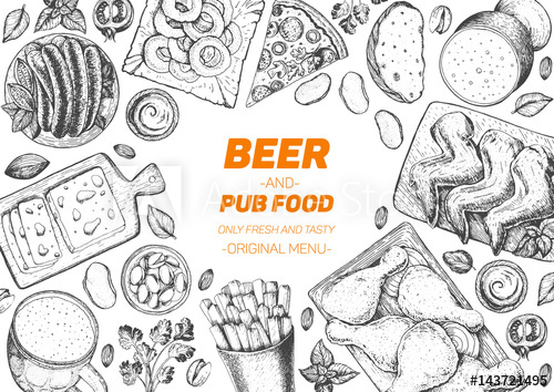 500x354 Pub Food Frame Vector Illustration Beer, Meat, Fast Food