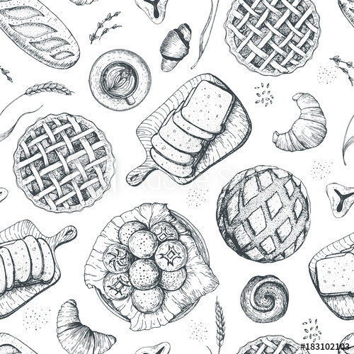 500x500 Bakery Seamless Pattern Hand Drawn Food Vector Illustration