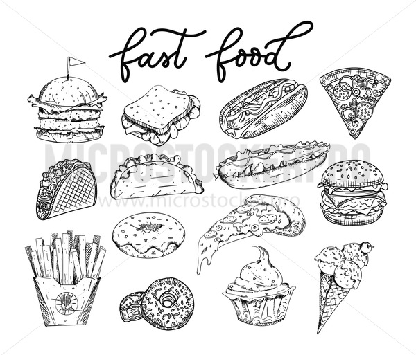 600x513 Big Set Of Sketched Fastfood Elements Burgers, Tacos, Pizza