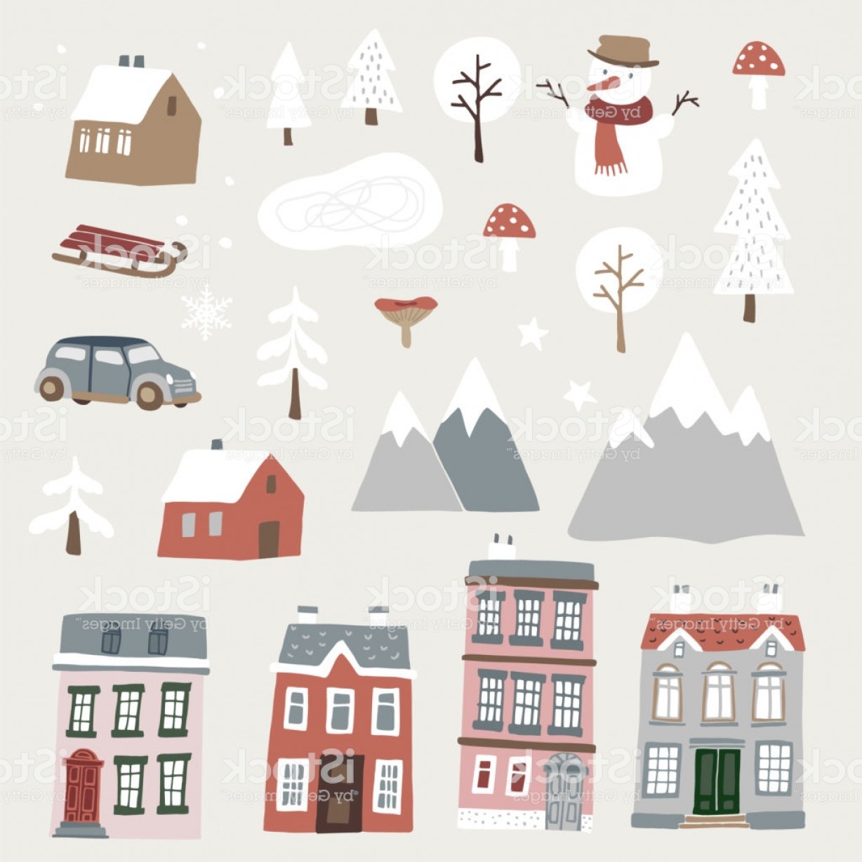Set Of Cute Christmas Landscape Town And Village Icons Hand Drawn 1228x1228 Set Of Cute Christmas Landscape Town And Village Icons Hand Drawn