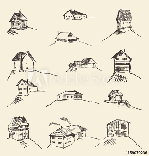 479x500 Set Of Hand Drawn Rural Houses Vector Illustration