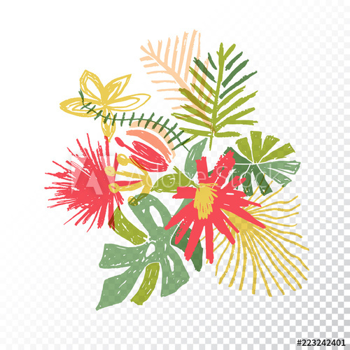 500x500 Tropical Flower Bouquet, Hand Drawn Leaf, Vector Illustration