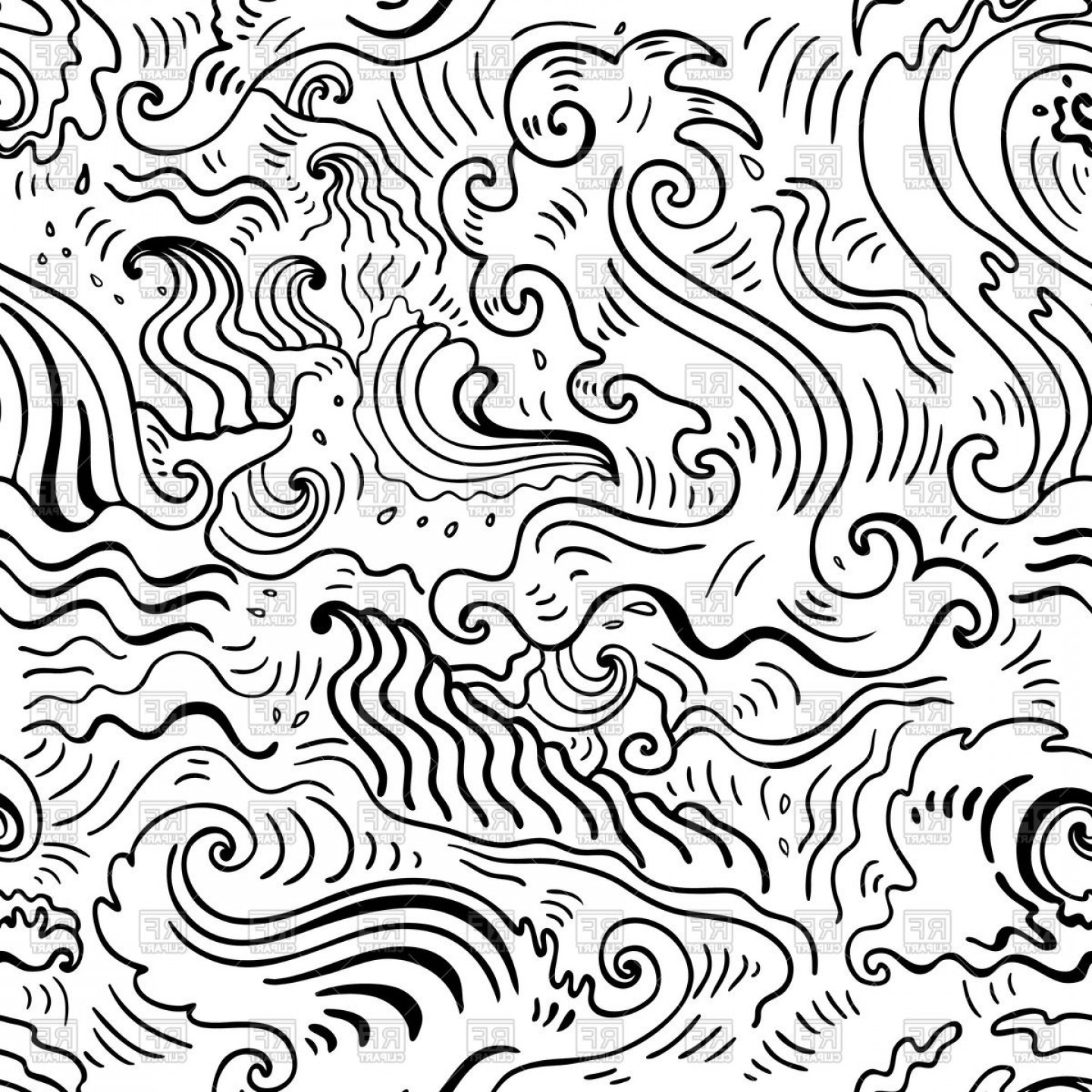 1440x1440 Sea Waves Hand Drawn Seamless Pattern Vector Clipart Soidergi