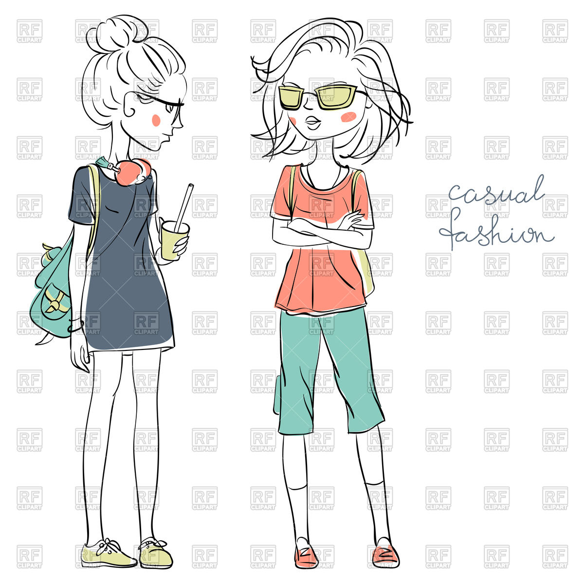 1200x1200 Hand Drawn Cute Beautiful Girls In Casual Clothes Vector Image