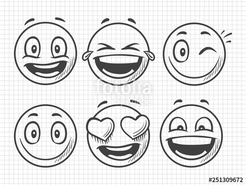 500x375 Hand Drawn Positive Emojis, Smile Vector Sketch Illustration