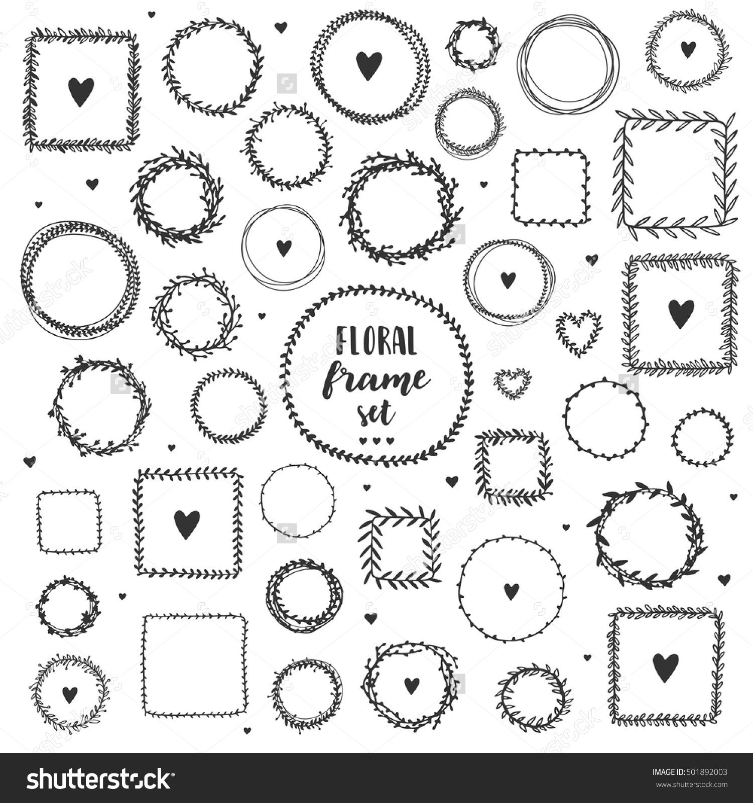 1500x1600 Set Of Floral Hand Drawn Round And Square Frames Ink Vector