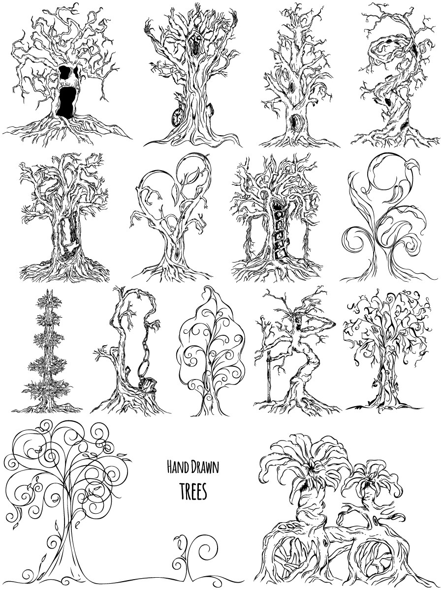 900x1200 Hand Drawn Tree Vector And Photoshop Brush Pack