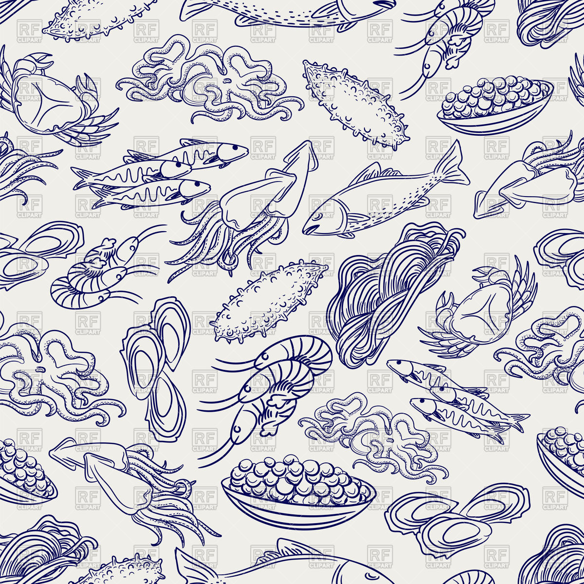 Hand Drawn Seafood Seamless Pattern Vector Image Of Silhouettes 1200x1200 Hand Drawn Seafood Seamless Pattern Vector Image Of Silhouettes