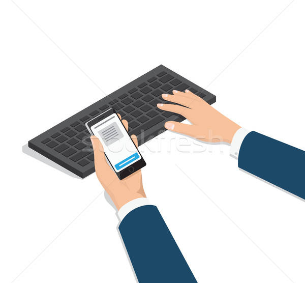 600x556 Man Typing On Computer With Phone In Hand Vector Vector