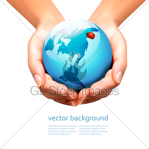 500x500 Hands Holding A Blue Earth With A Ladybug Vector Illustr Gl