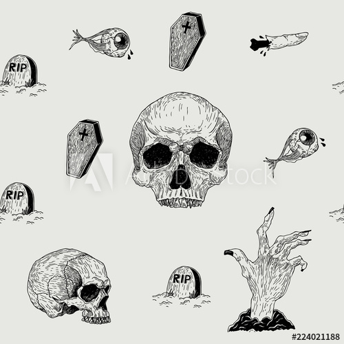 500x500 Vector Seamless Hand Drawn Vintage Horror Pattern With Skulls