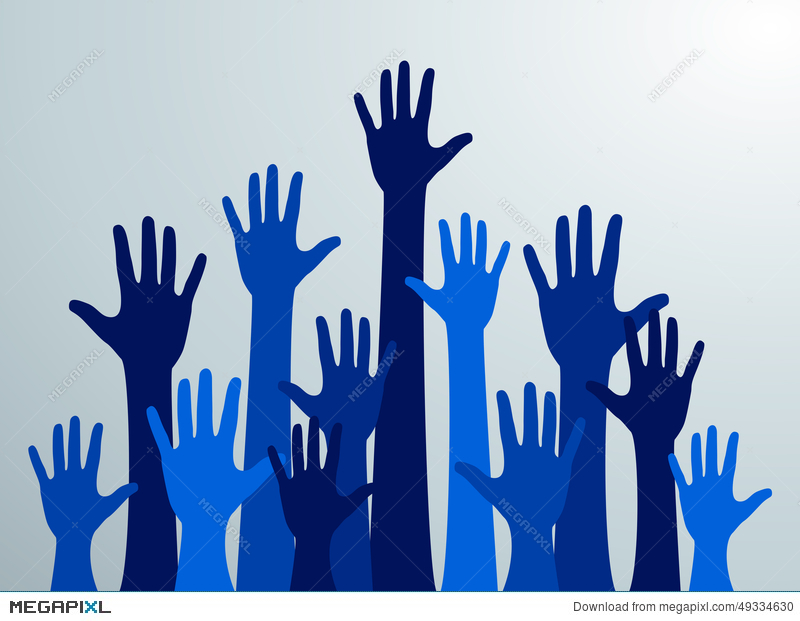 800x621 Various Hands Lifted Up In The Air Many Blue People's Hands Up