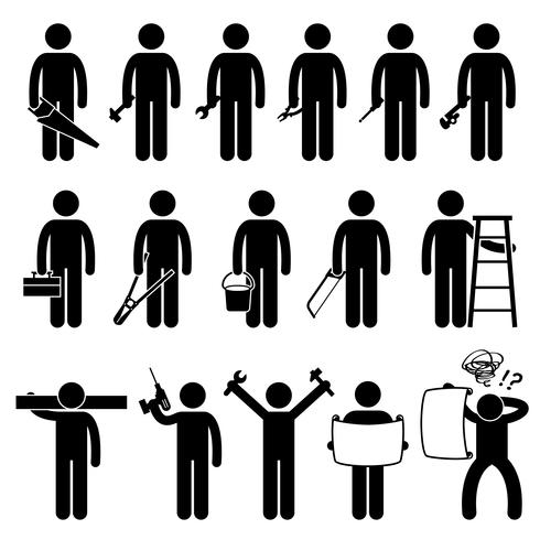490x490 Handyman Worker Using Diy Work Tools Stick Figure Pictogram Icons