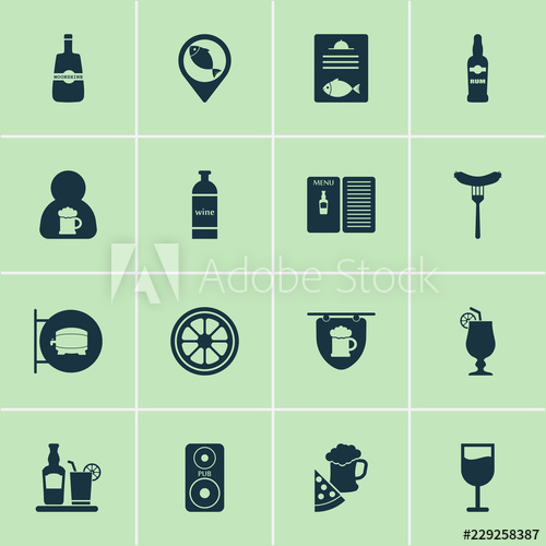 500x500 Drink Icons Set With Hanging Banner, Pub Book, Sausage And Other