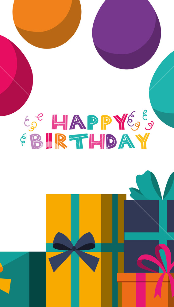 567x1000 Happy Birthday Banner Celebration Party Balloons And Gift Boxes