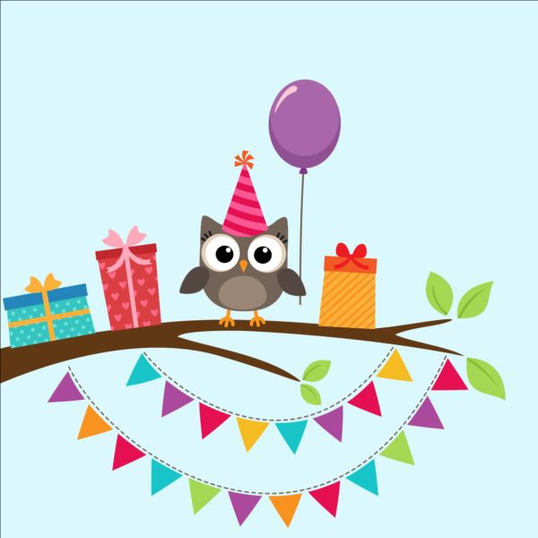 600x600 Happy Birthday Card And Cute Owls Vector Free Download