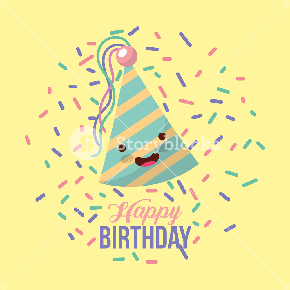 1000x1000 Kawaii Party Hat Confetti Happy Birthday Card Vector Illustration