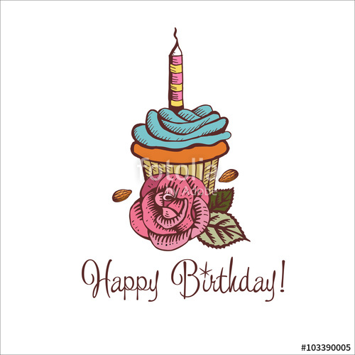 500x500 Happy Birthday Vintage Vector Illustration Of Cake With Candle
