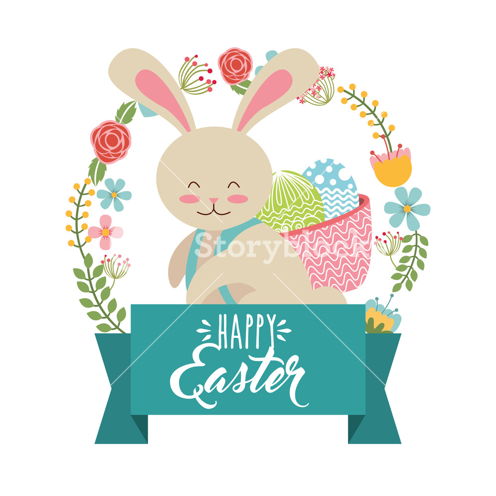 Cute Bunny Carrying Basket Eggs Wreath Floral Happy Easter Vector 1000x1000 Cute Bunny Carrying Basket Eggs Wreath Floral Happy Easter Vector