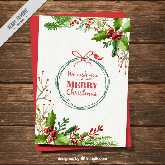 626x626 Christmas Card With Watercolor Mistletoe Decoration Vector Free