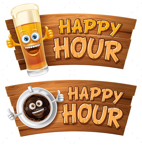 Happy Hour Vector Illustration With Lettering And Cute Cheerful 590x604 Happy Hour Vector Illustration With Lettering And Cute Cheerful