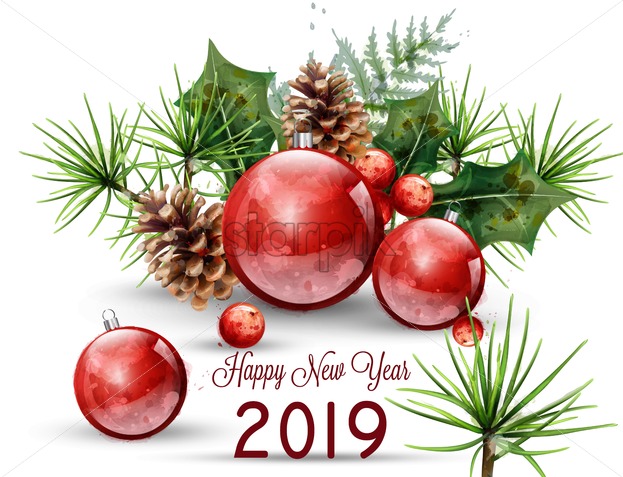 623x477 Happy New Year Watercolor Card Vector Red Christmas Balls