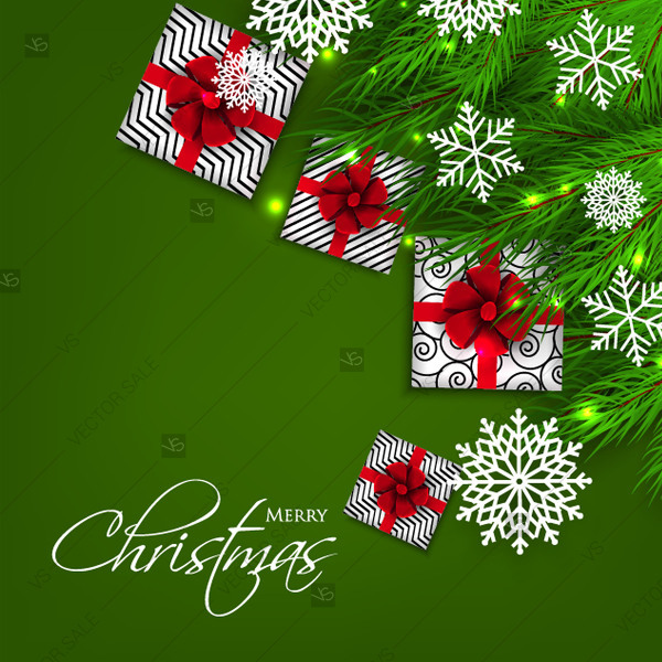 600x600 Merry Christmas And Happy New Year Card Green Fir Wreath Gift Box