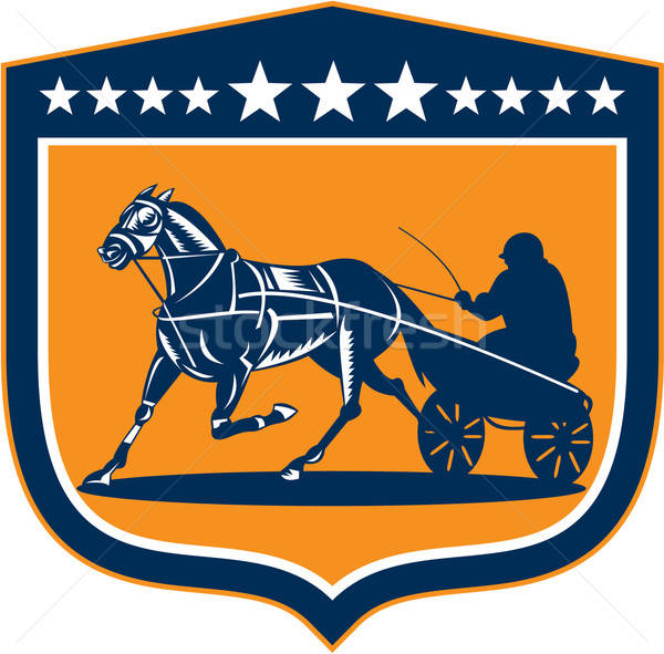 600x591 Horse And Jockey Harness Racing Shield Retro Vector Illustration