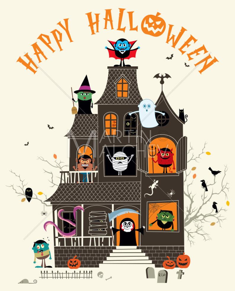 794x983 Haunted House Vector Cartoon Illustration Halloween Etsy