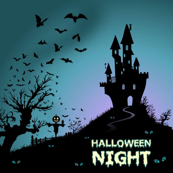 600x600 Happy Halloween Background With Haunted House And Bats Vector Art