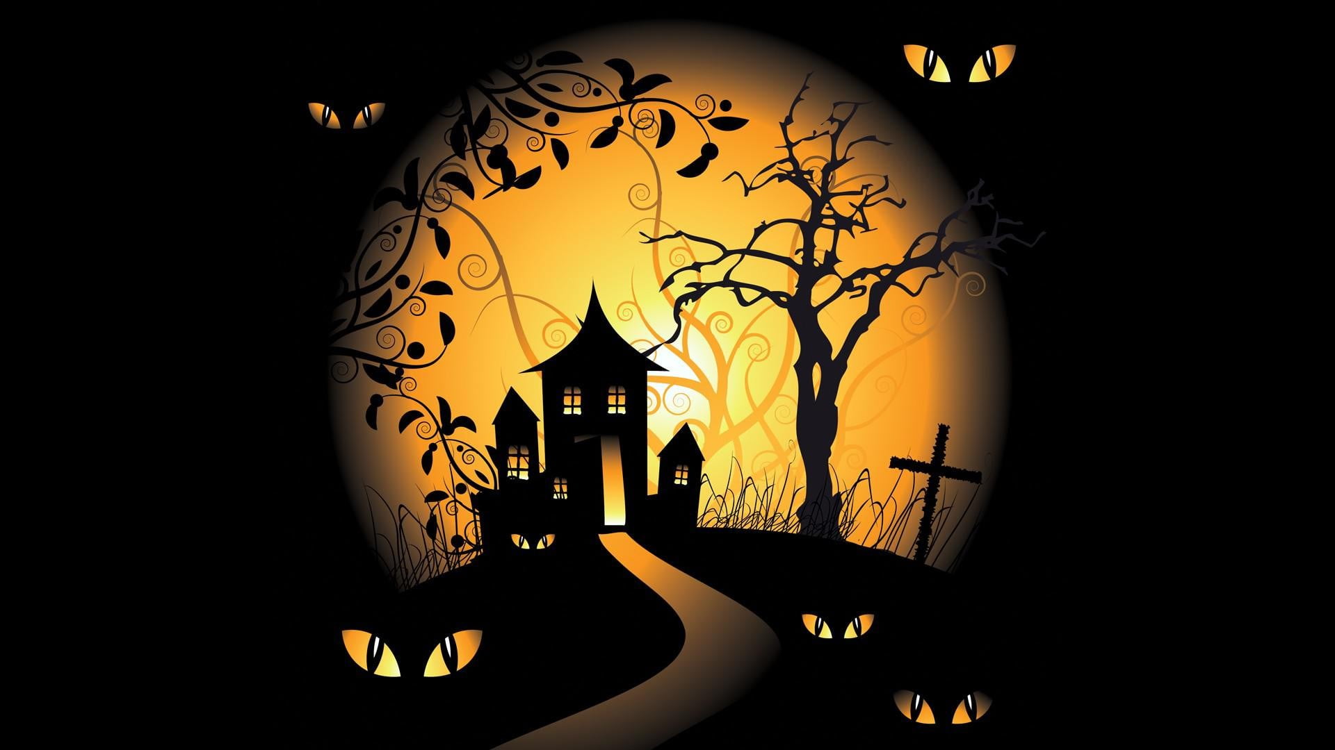 1920x1080 Silhouette House And Cross Digital Wallpaper, Halloween, Vector