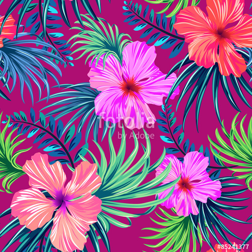 500x500 Vector Seamless Tropical Pattern Hibiscus And Palm Leaves