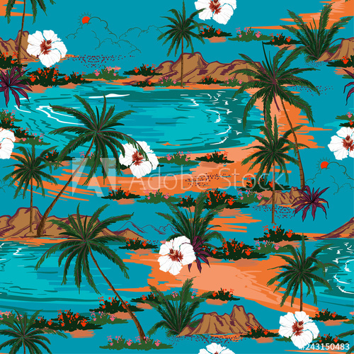500x500 Retro Summer Hawaii Seamless Island Pattern Vector Landscape