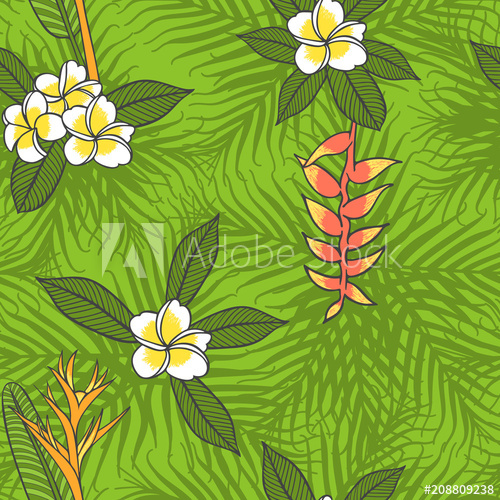500x500 Tropical Flowers And Palm Leaf Pattern Vector Seamless Jungle