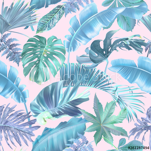 500x500 Vector Seamless Pattern With Blue And Violet Tropical Leaves