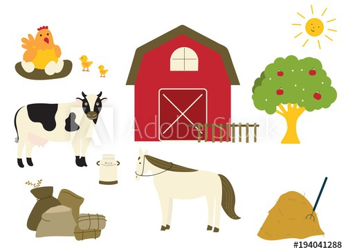Farm Animals Cow, Horse And Farm Elements Apple Tree, Hay, Vector 500x364 Farm Animals Cow, Horse And Farm Elements Apple Tree, Hay, Vector