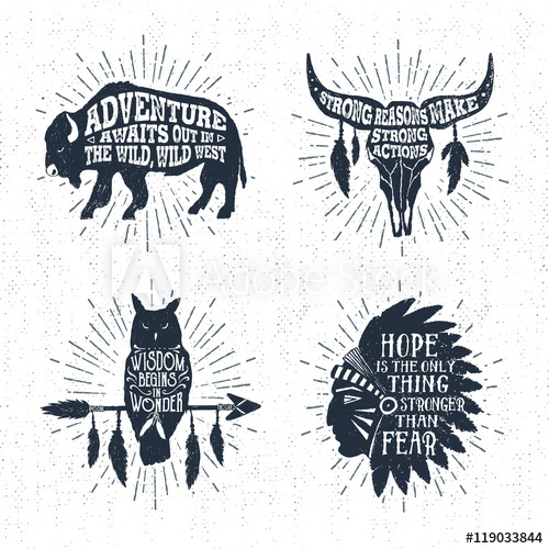 Hand Drawn Tribal Labels Set With Buffalo, Skull, Owl 500x500 Hand Drawn Tribal Labels Set With Buffalo, Skull, Owl