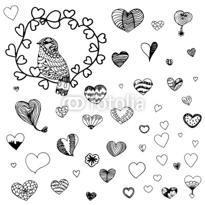 400x400 Heart Shape Pattern And Zentangle Of Bird In Black Line Doodle