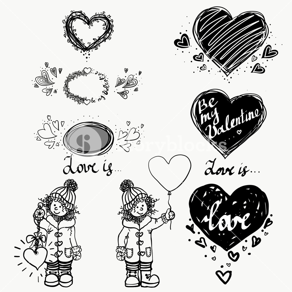 1000x1000 Love, Cute Small Girl And Heart Winter Hand Drawn Vector