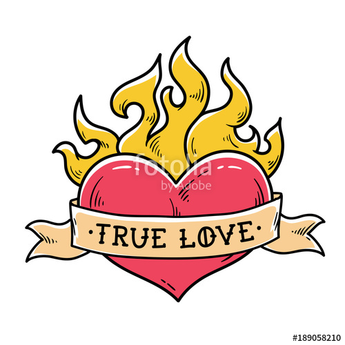 500x500 Flaming Heart Tattoo With Ribbon True Love Heart Burning In Fire