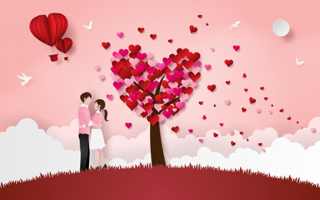 626x391 Cute Couple Hug Each Other On Grass Floor With Heart Tree Vector