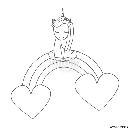500x500 Cute Cartoon Unicorn Sitting On A Rainbow With Hearts Vector Black