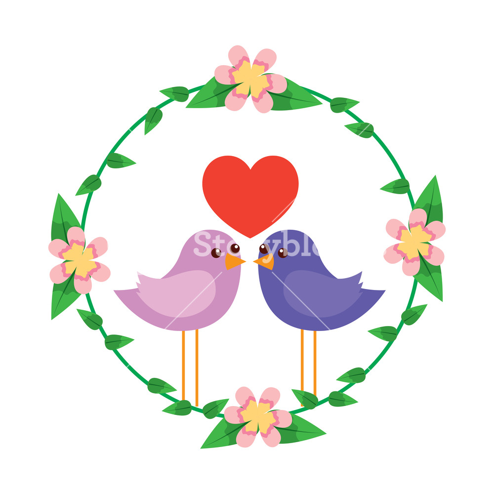 1000x1000 Two Happy Cute Bird In Love With The Heart In Floral Wreath Vector