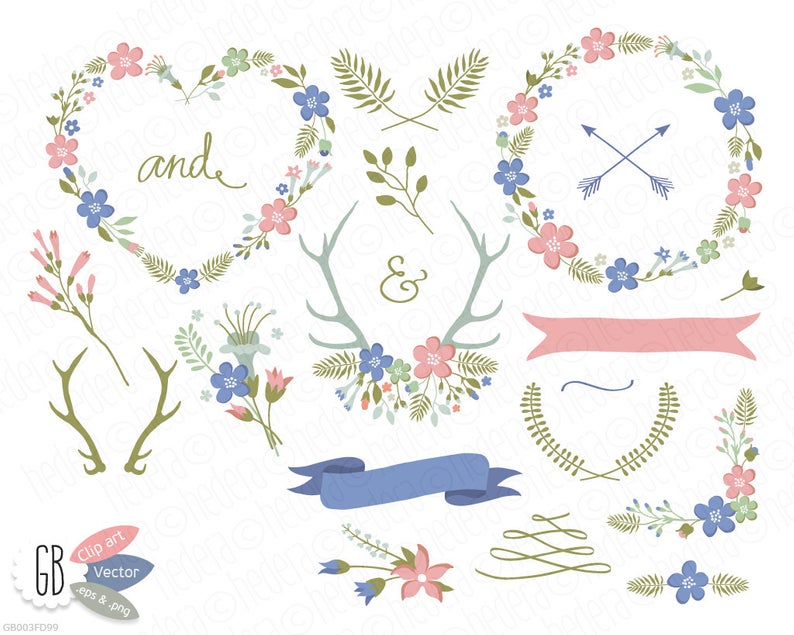 794x635 Folk Flower Wreaths Laurels Borders Clip Art Heart Shaped Etsy