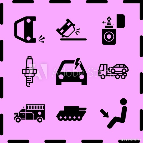 500x500 Simple Icon Set Of Fire Related Overturned Car, War Tank, Fire