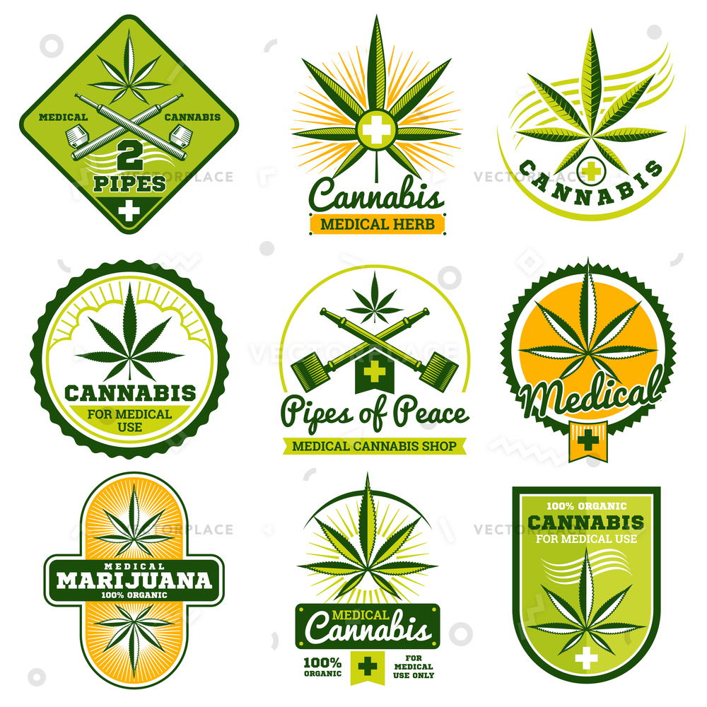 1000x1000 Marijuana Hashish Drug Medicine Logos Labels Vector Illustration
