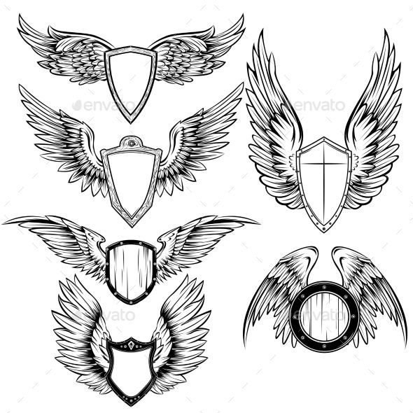 590x590 Heraldic Elements Monochrome Set With Bird Wings And Shields