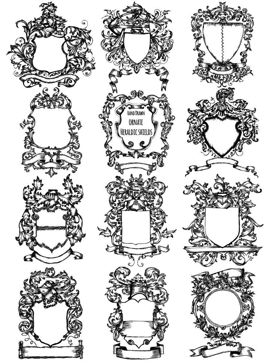 900x1200 Hand Drawn Ornate Heraldic Shield Vector And Brush Pack