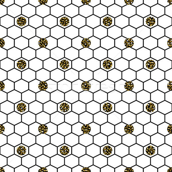 600x600 Hexagon Grid Cells With Glitter Polka Vector Seamless Pattern