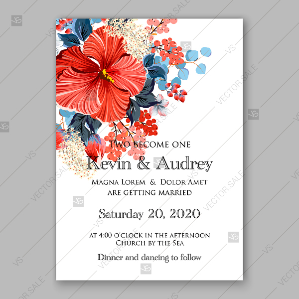 600x600 Red Hibiscus Hawaii Wedding Invitation Vector Tropical Floral Card